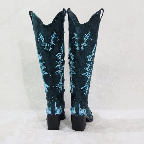 Sparks Country Western Cowgirl Knee Boots Dazzleing Iridescent Rhinestones Green